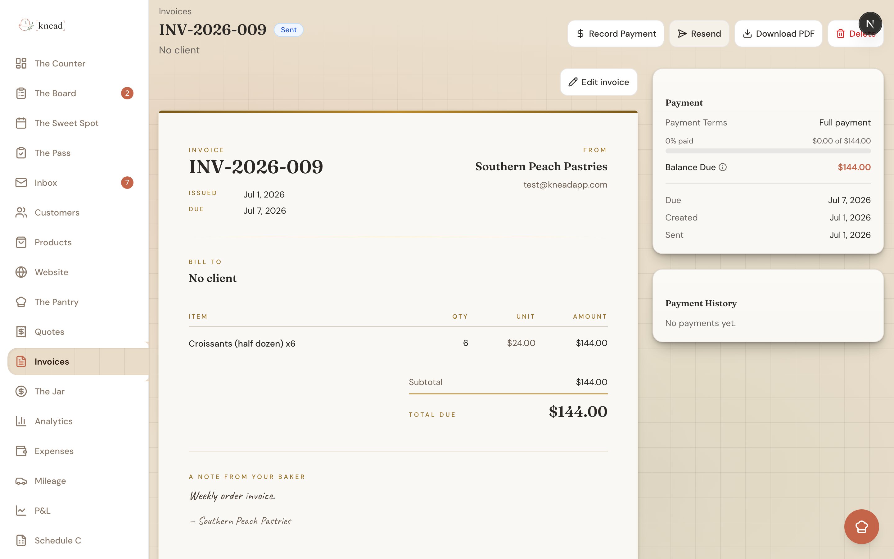 A Knead invoice with the Pay online and Copy payment link actions for sharing a customer pay link