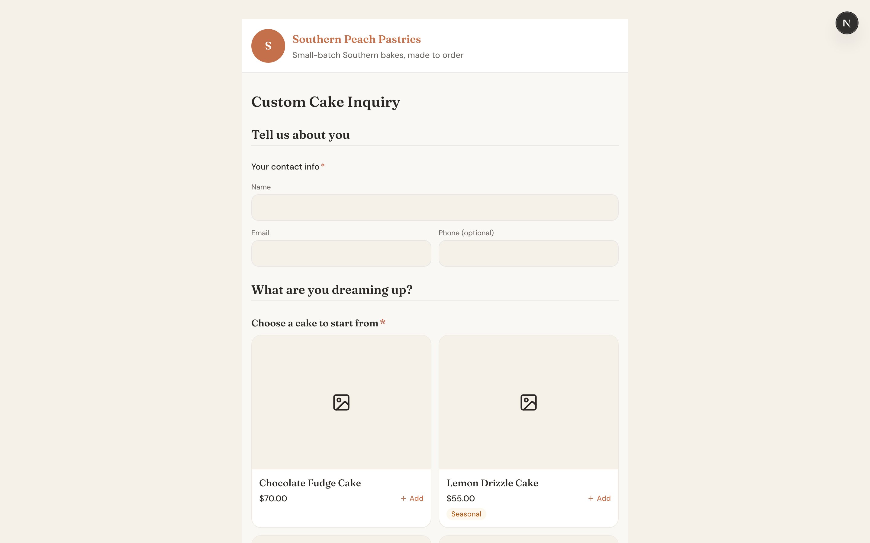 A customer's view of a custom order form with photo swatches, branding, and a submit button