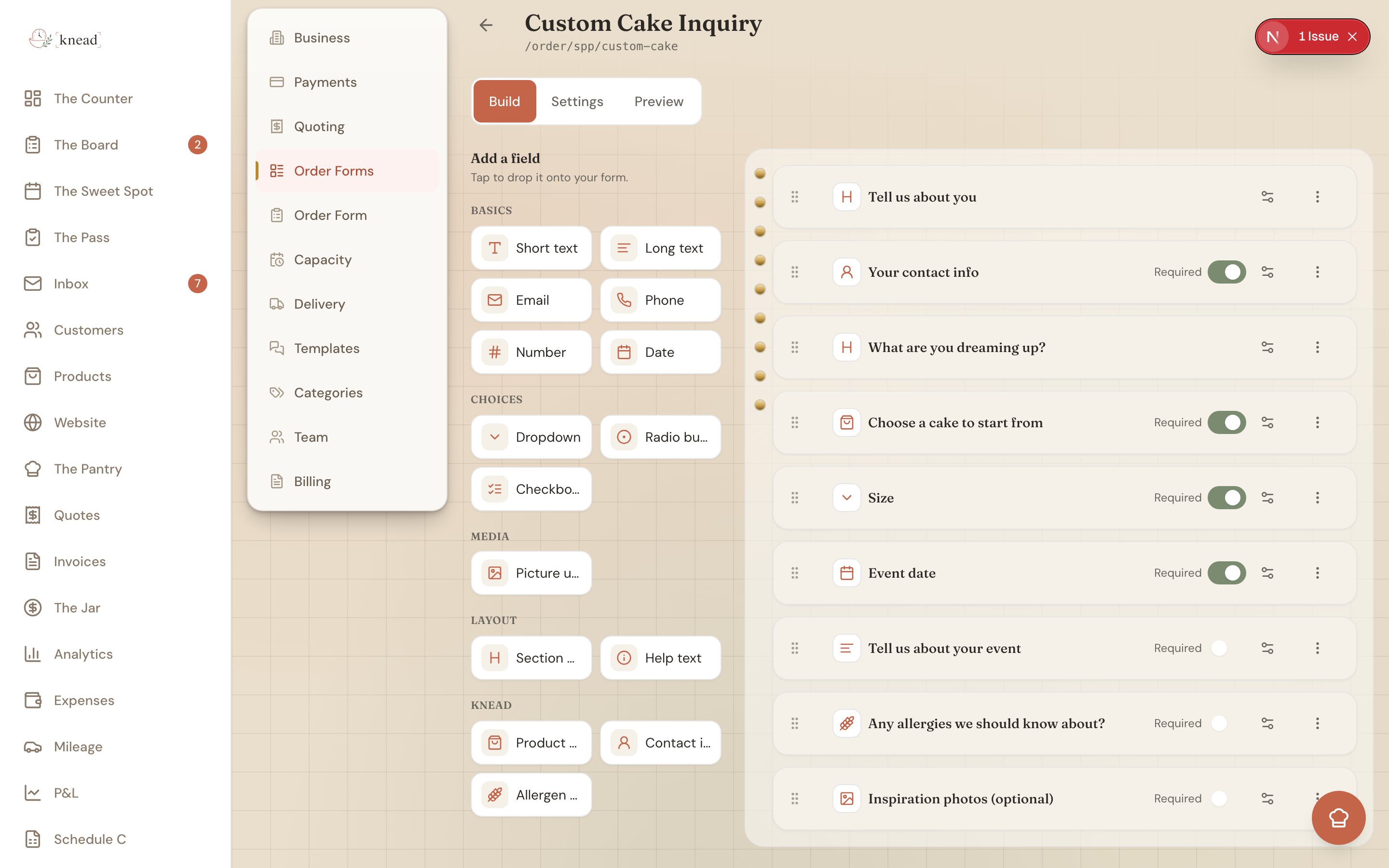The Settings tab of the order form builder with the live/paused toggle, form name, slug, header image, accent color, intro text, and success message
