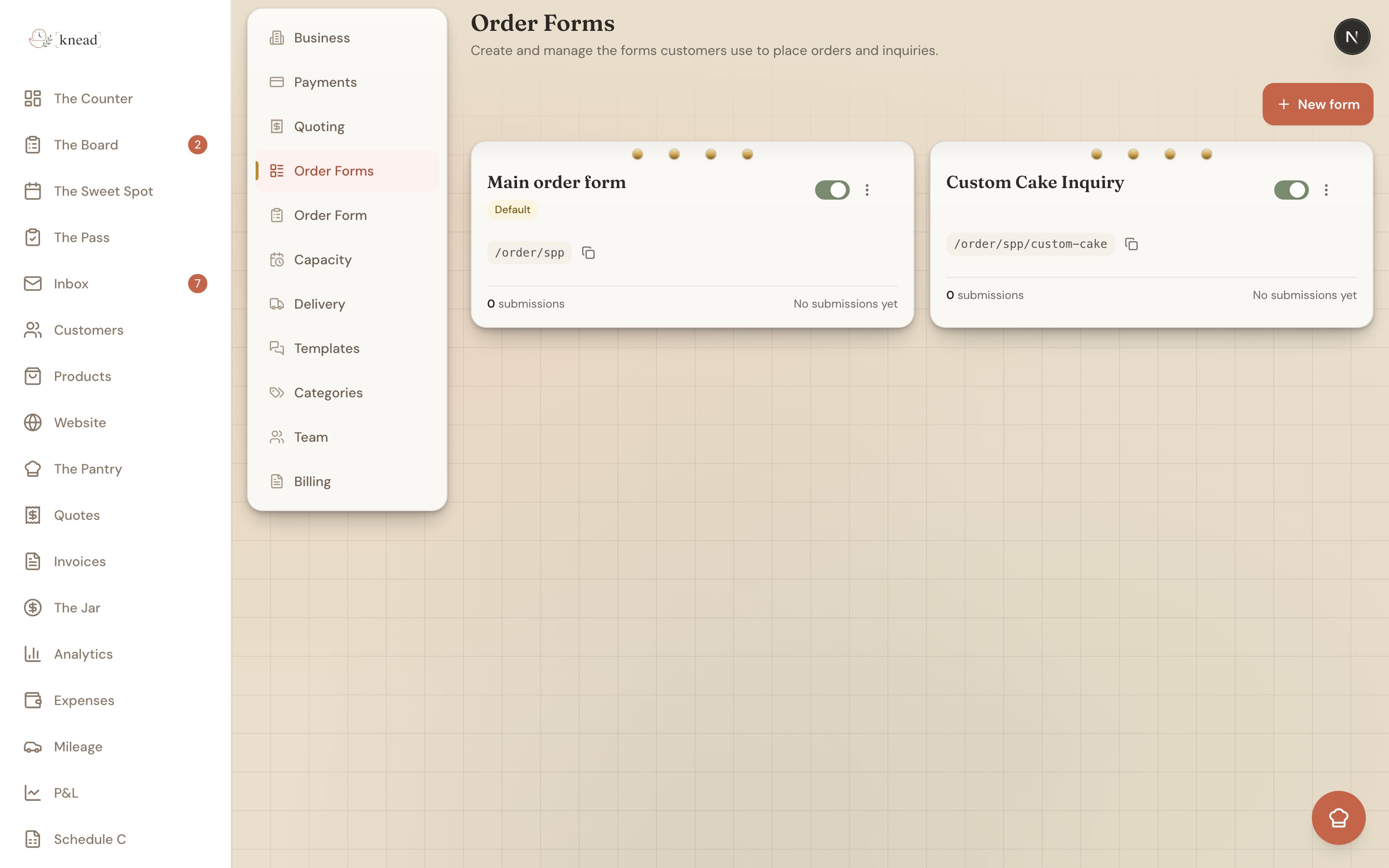 The Order Forms page showing a card grid of forms, each with a name, badge, public link, submission count, and an active toggle