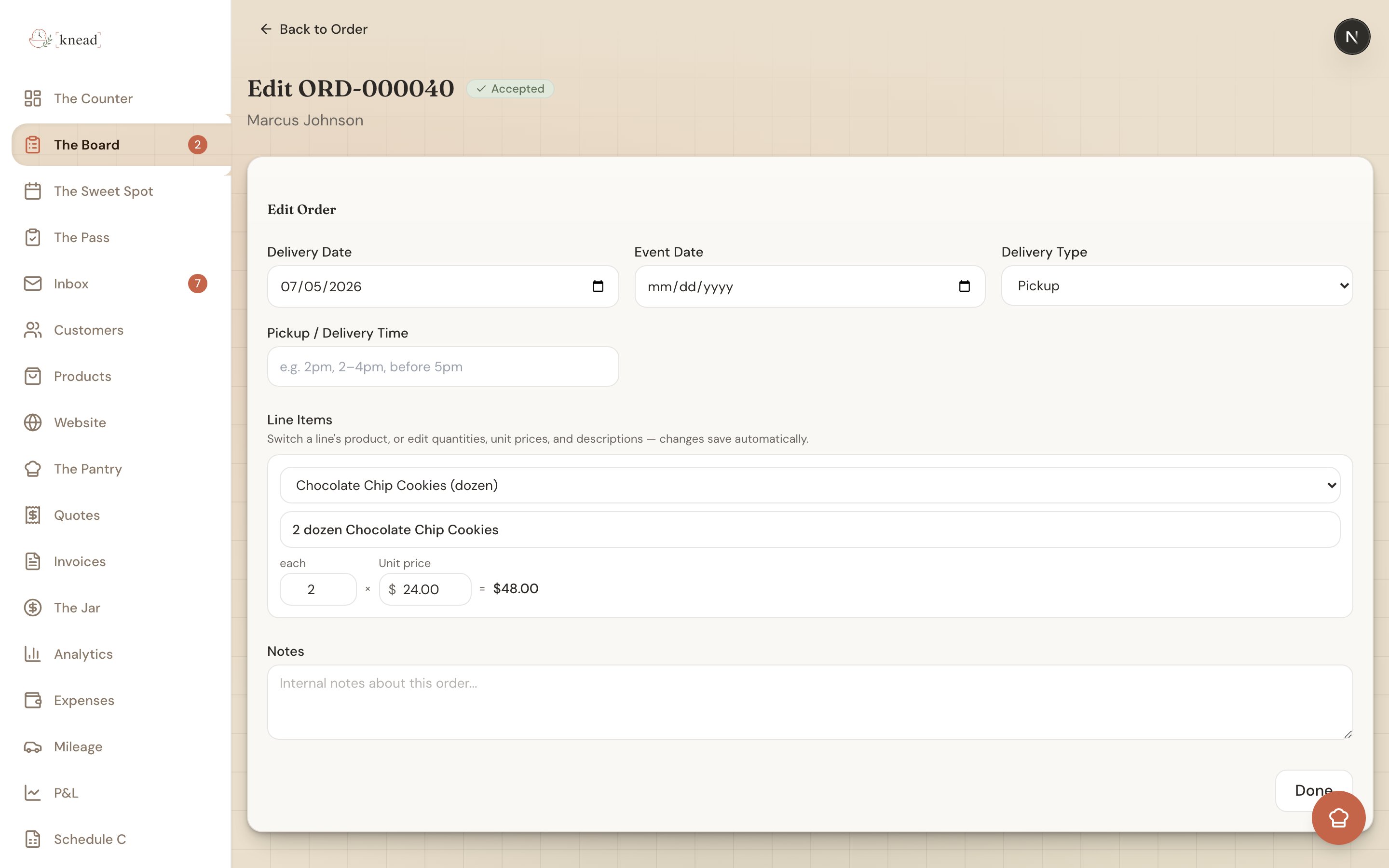 A line item row with the Product dropdown open, showing Custom (no product) and the product list