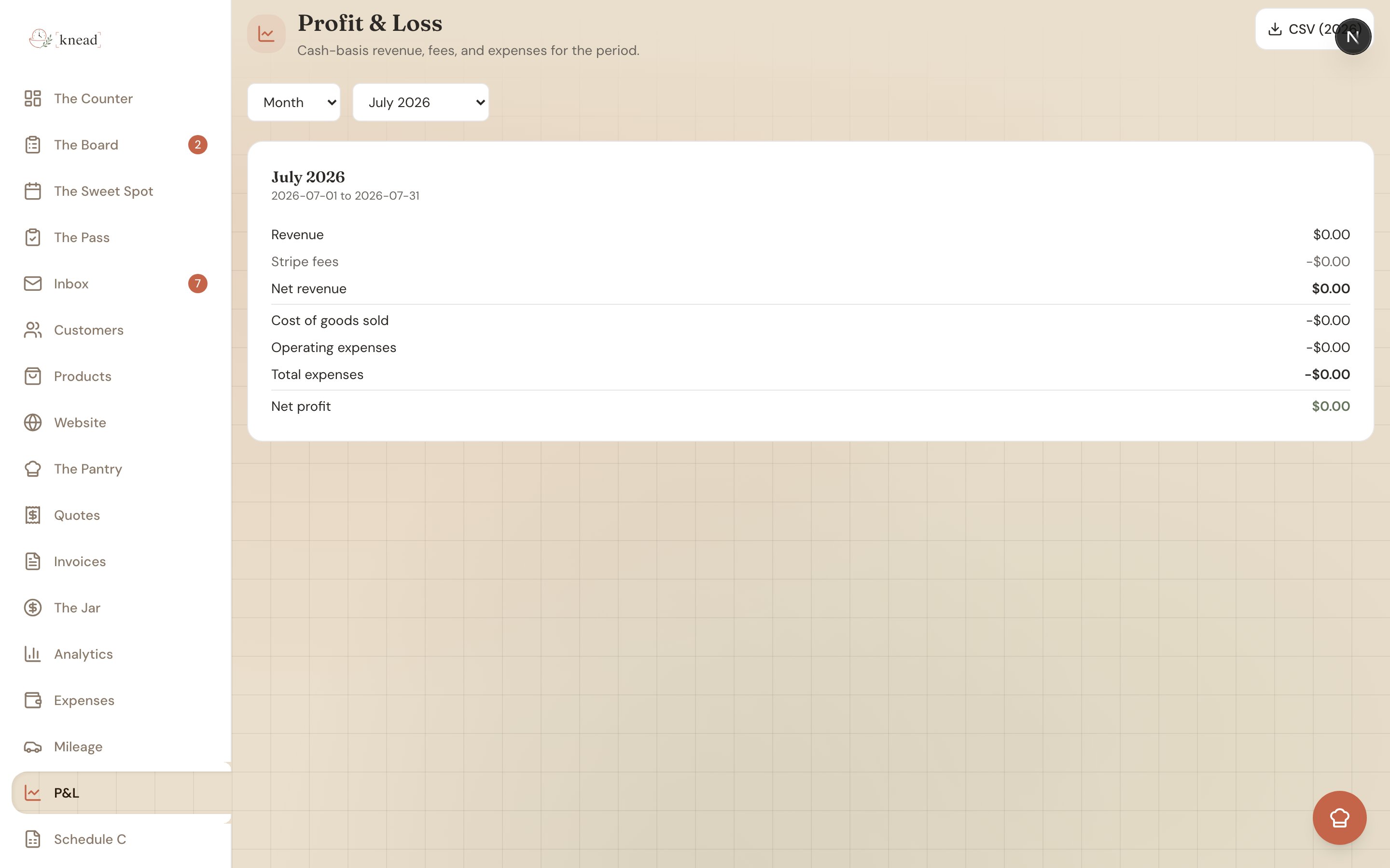 The Profit and Loss report with a year selector and a CSV export button