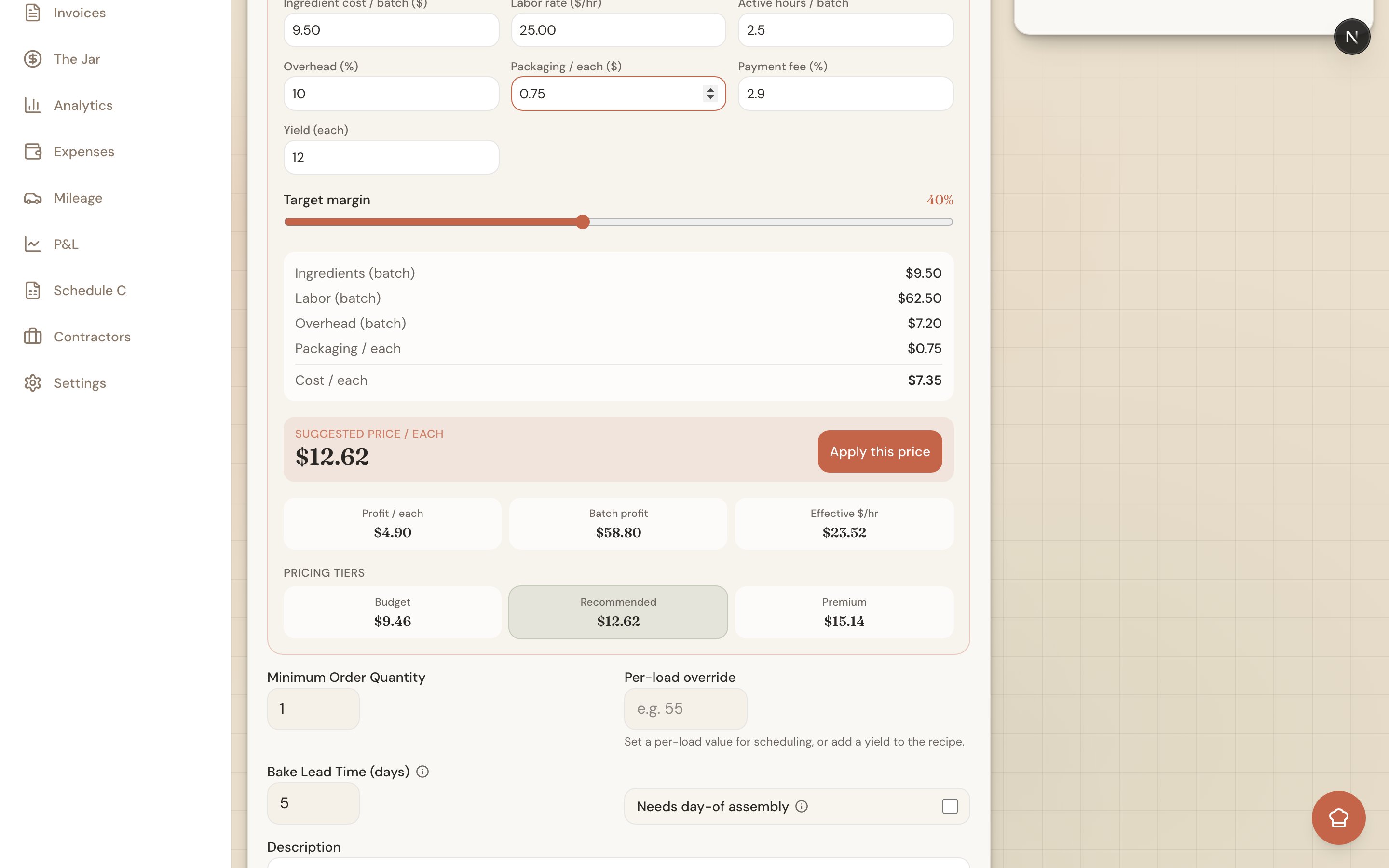 The Help me price this calculator showing cost inputs, a target margin slider, and a suggested price
