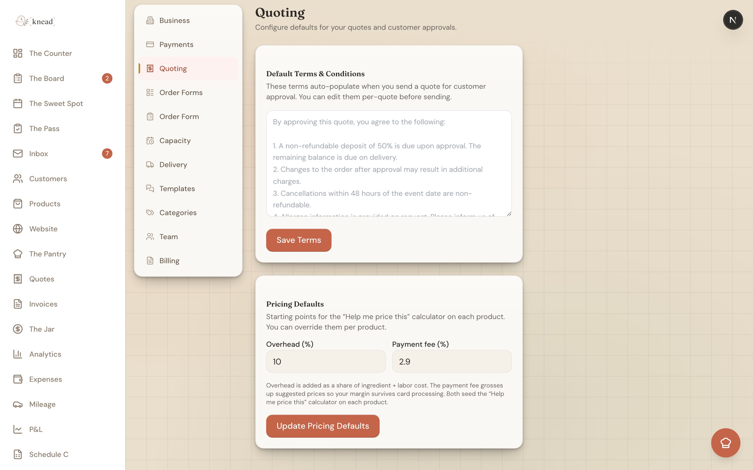 Pricing Defaults under Settings then Quoting, with overhead percent and payment fee percent fields