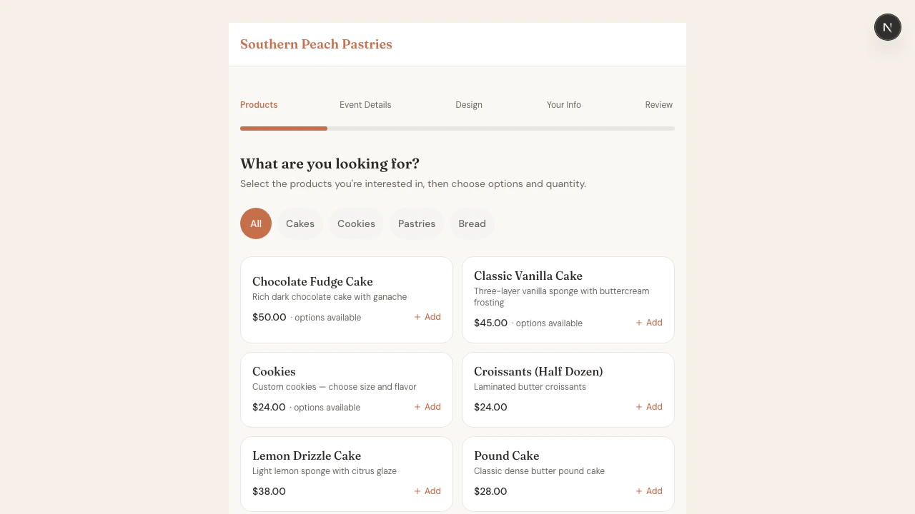 Public order form showing product cards with prices and options available labels