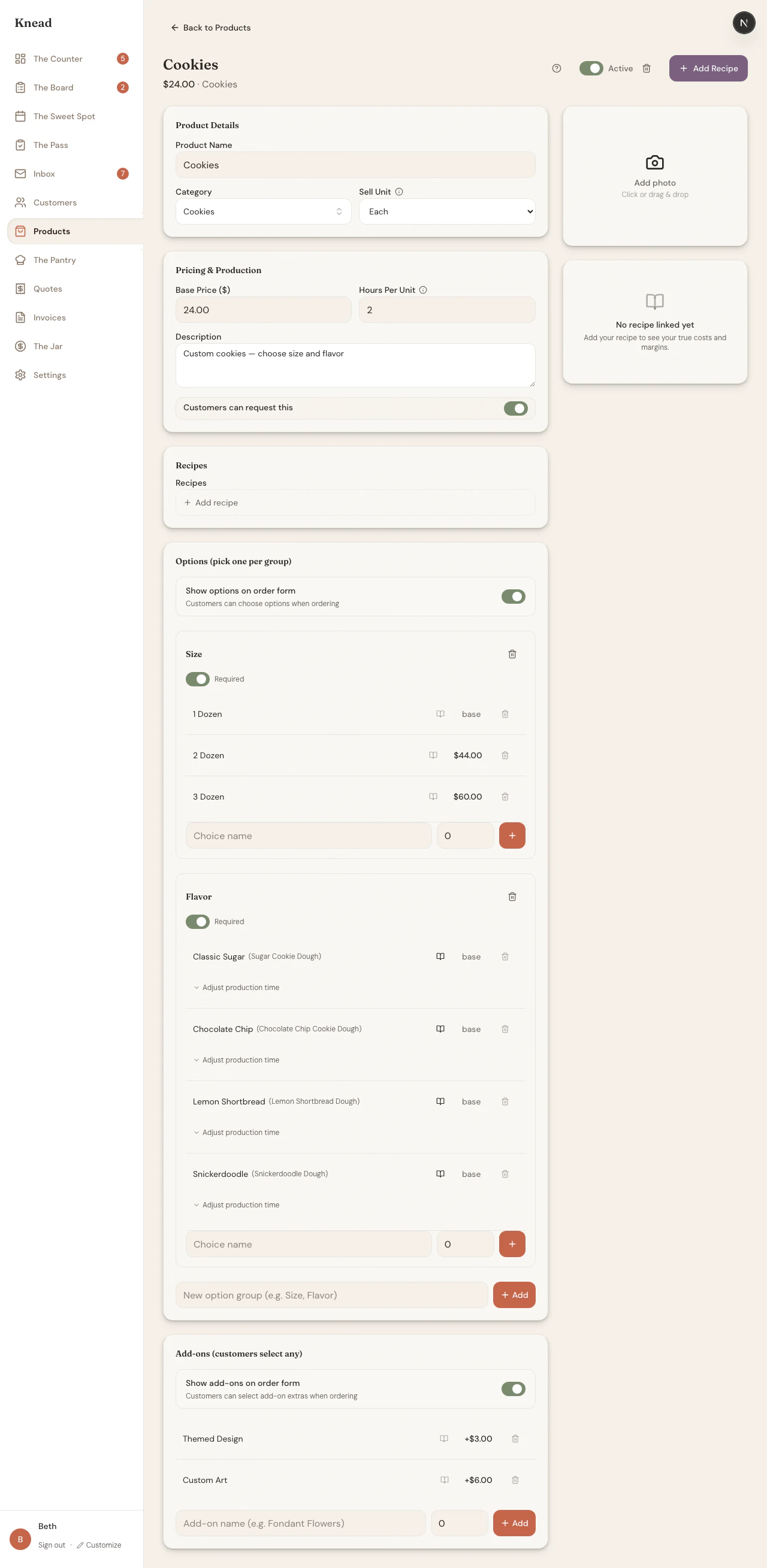Cookies product showing two option groups (Size with 1/2/3 Dozen, Flavor with Sugar/Chocolate Chip/Lemon Shortbread/Snickerdoodle) and add-ons (Themed Design, Custom Art)
