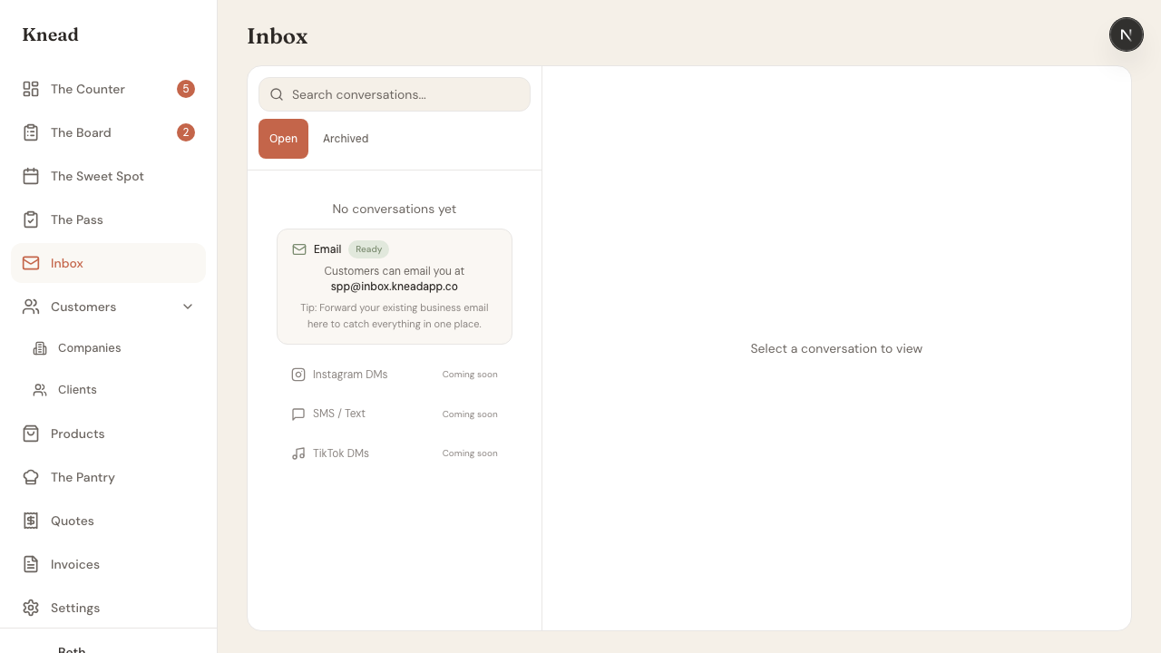 Knead inbox showing the Ready badge and your inbox email address