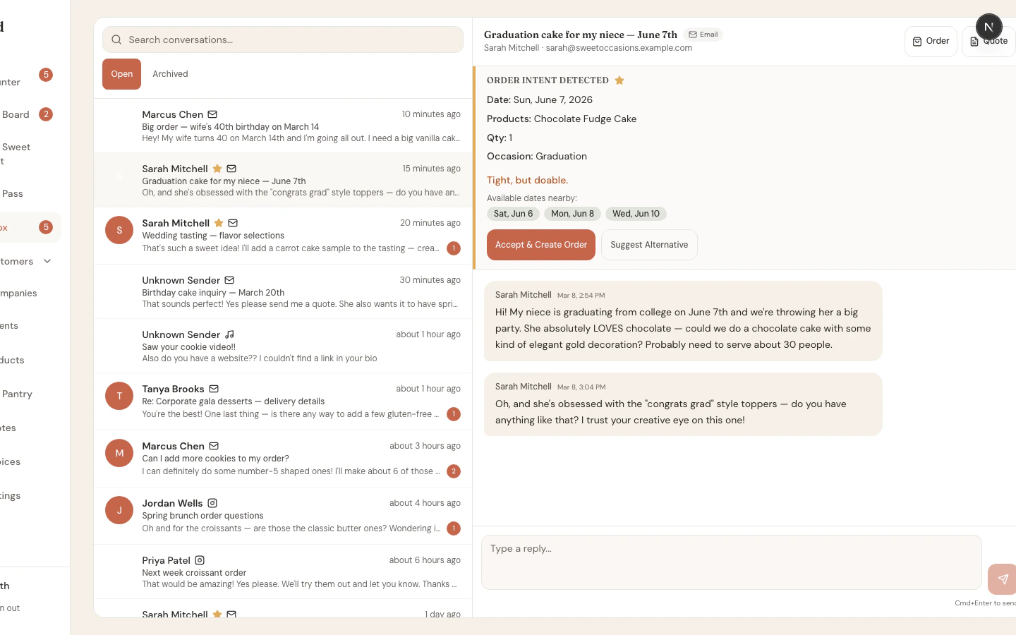 Full desktop Inbox view showing conversation list, message thread with intelligence card, and client sidebar