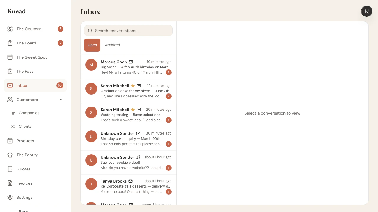 Inbox with active conversations showing unread counts, priority stars, and message previews