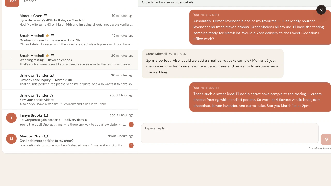 Conversation with linked order showing collapsed card