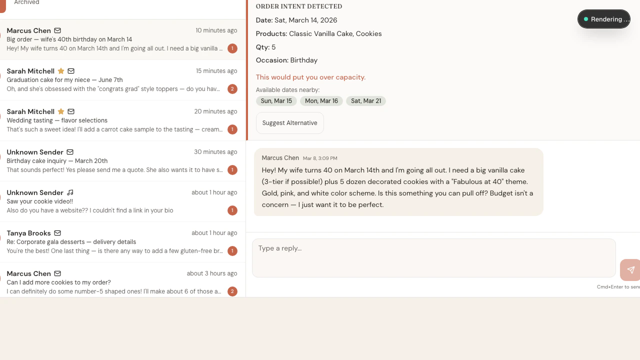Conversation with over capacity showing terracotta border and Suggest Alternative button