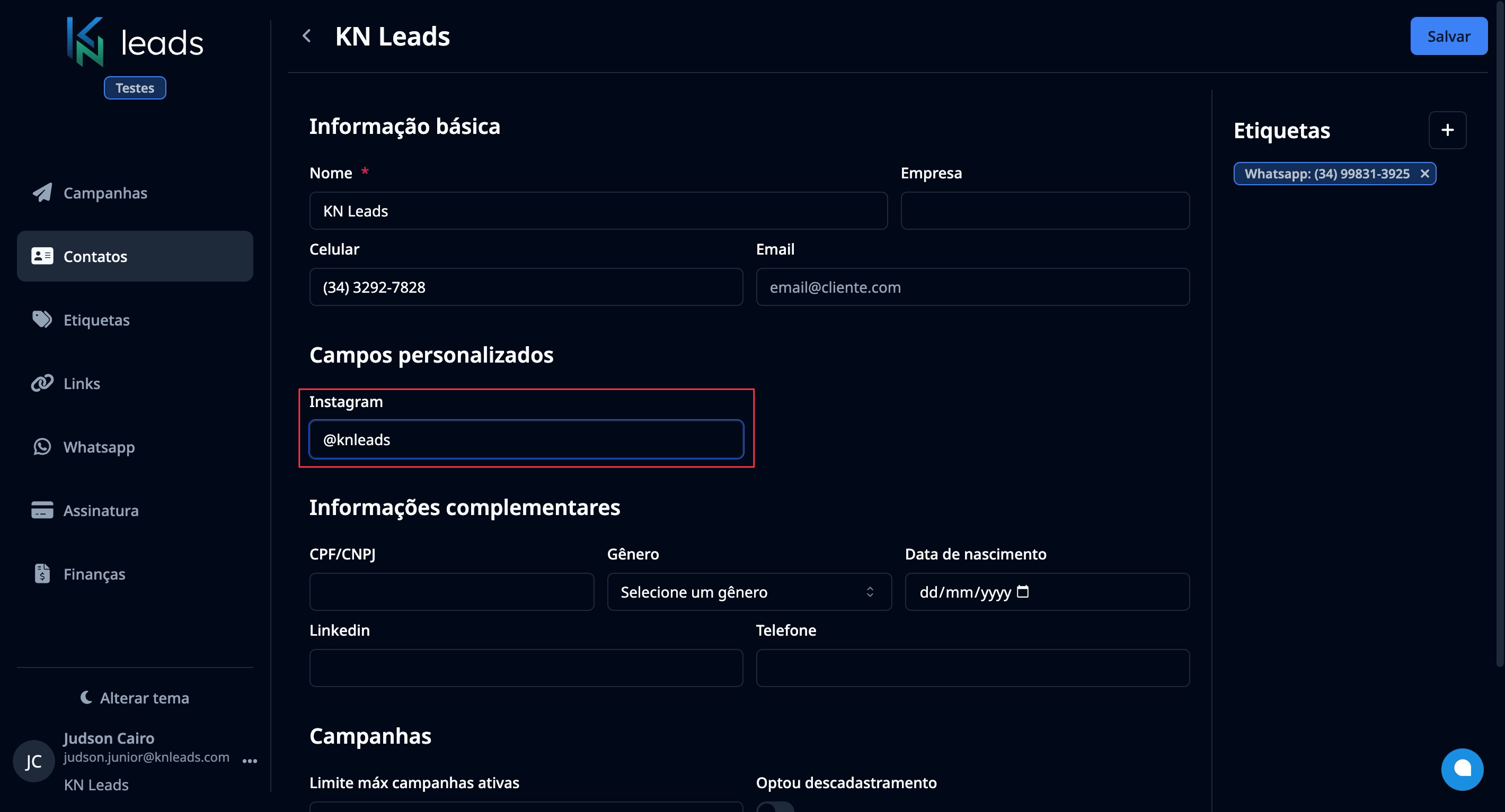 Editando campos personalizados - Dark