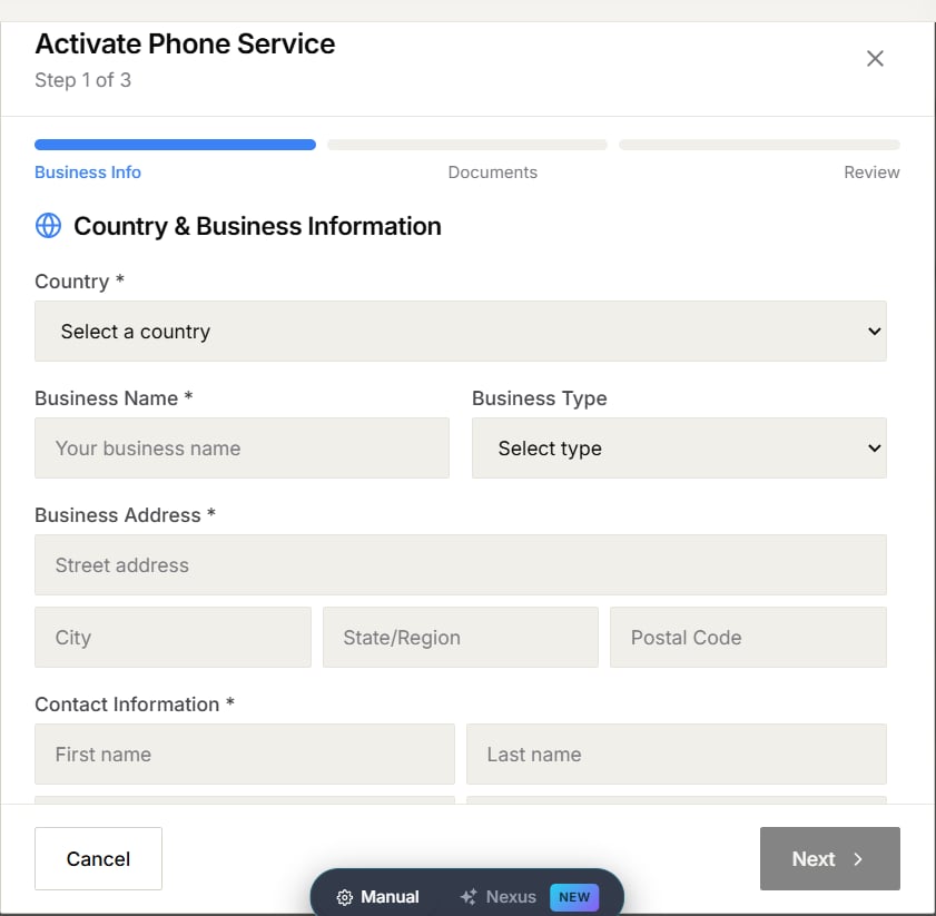 Phone service activation form at the Business Info step