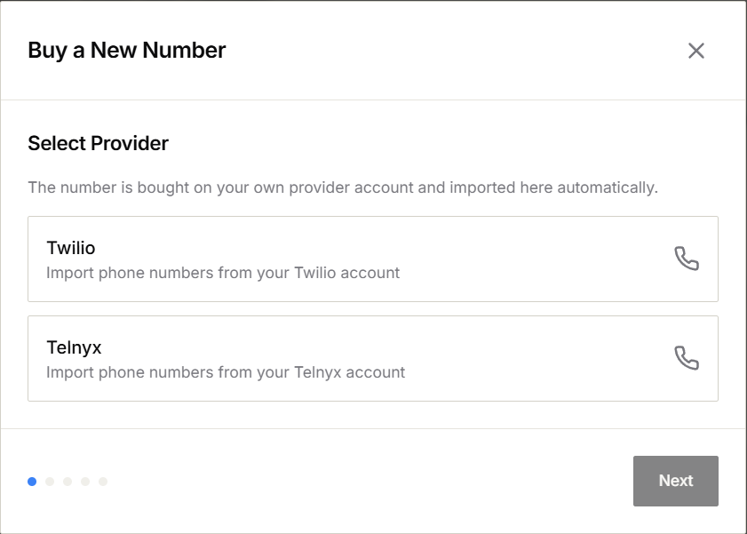 Provider selection in the Buy a New Number dialog
