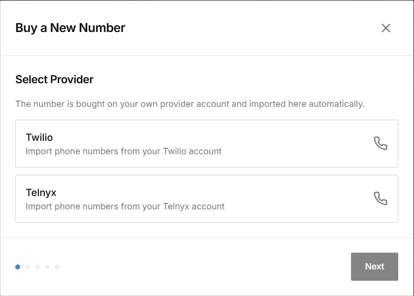 Provider selection in the Buy a New Number dialog