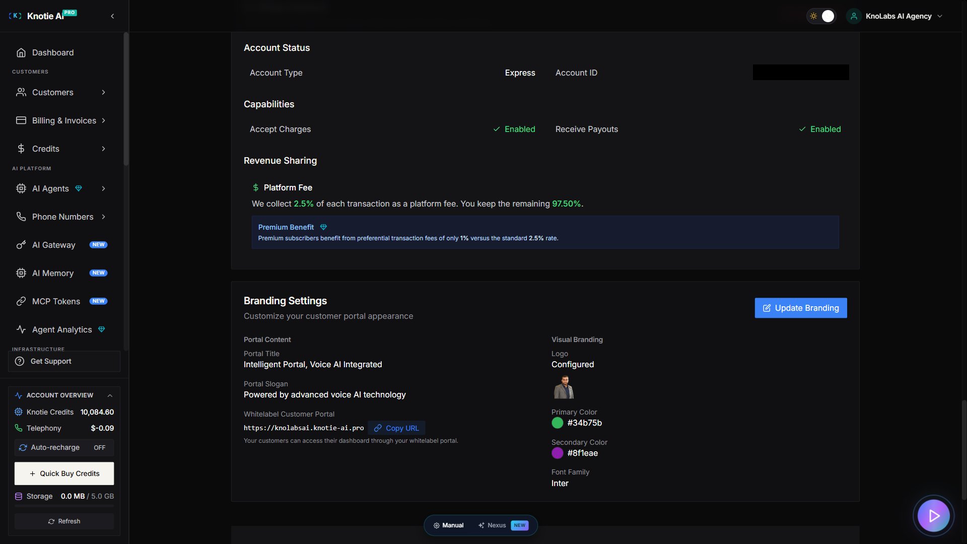 Partner Portal — Settings page Stripe Connect section: connected Express account, Accept Charges + Receive Payouts both green Enabled, Revenue Sharing 2.5% Platform Fee (you keep 97.50%), Premium Benefit callout noting 1% preferential rate.