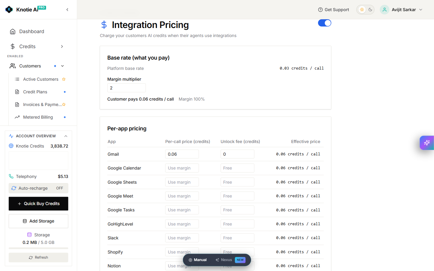 Integration Pricing showing the base rate, margin, and per-app prices