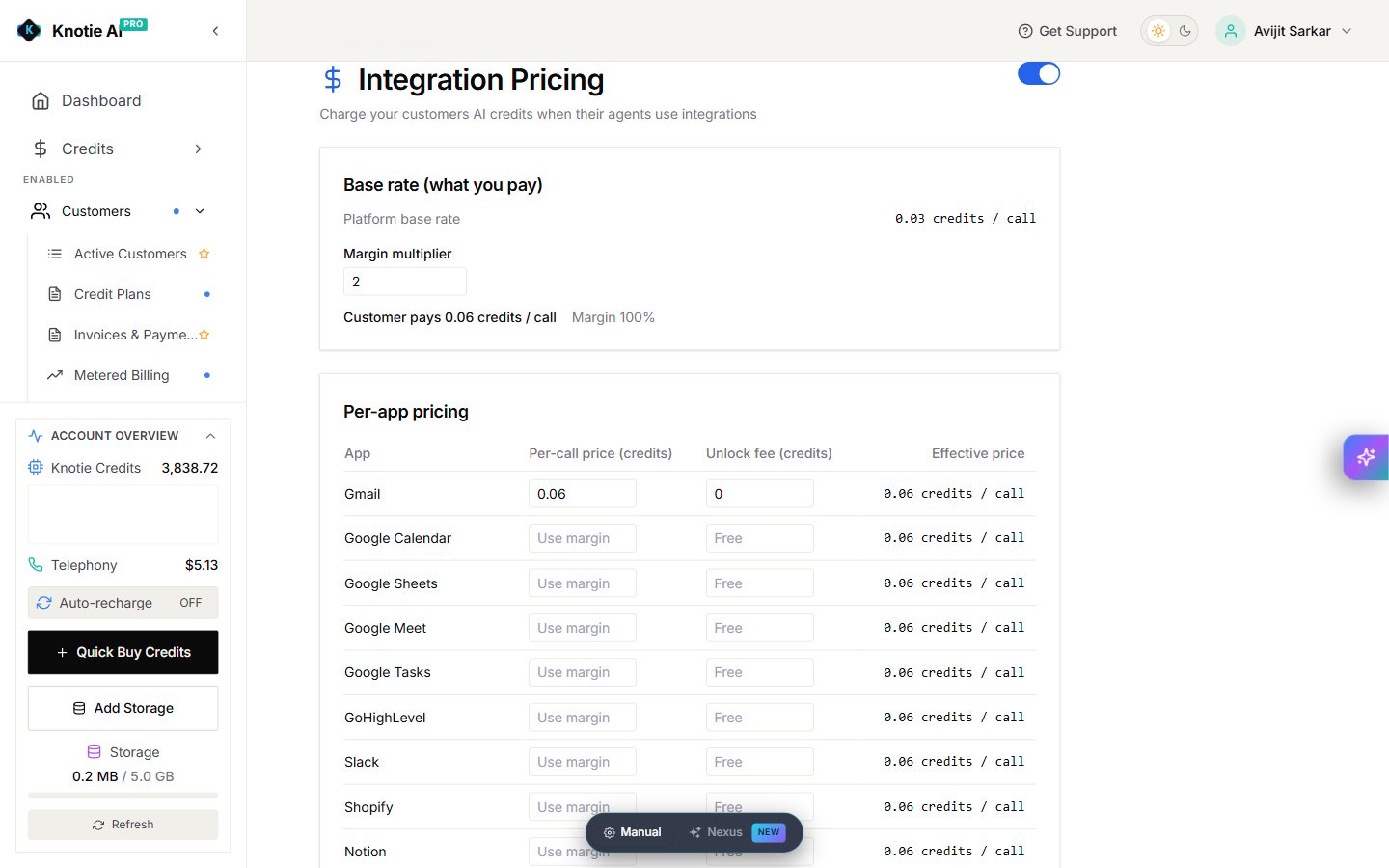 Integration Pricing showing the base rate, margin, and per-app prices