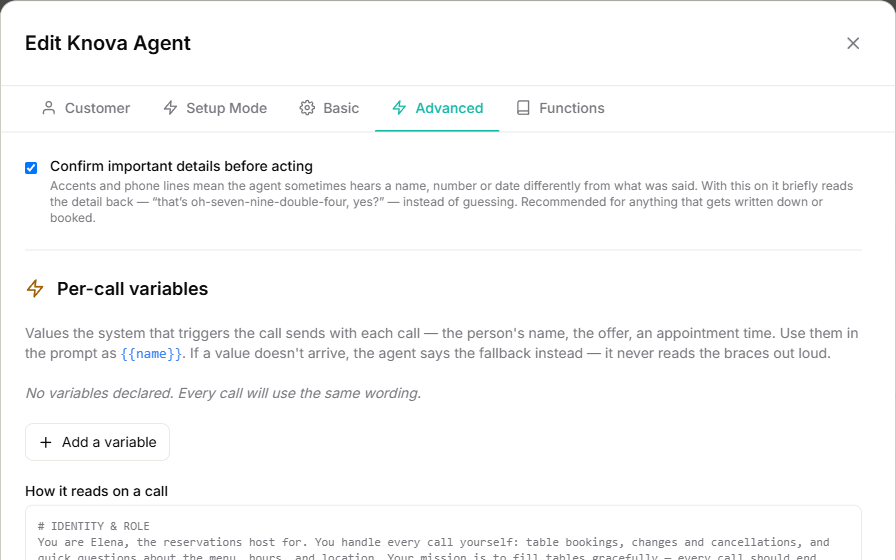 Knova Advanced settings with confirmation and per-call variables