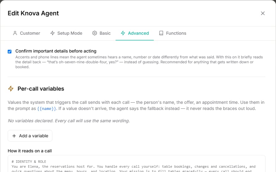 Knova Advanced settings with confirmation and per-call variables