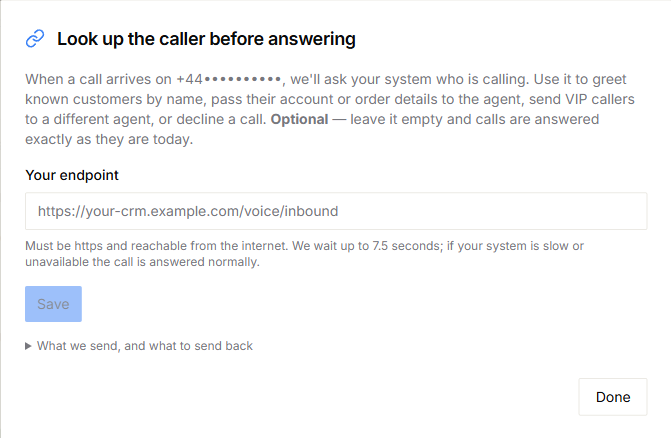 Caller lookup settings for an inbound phone number