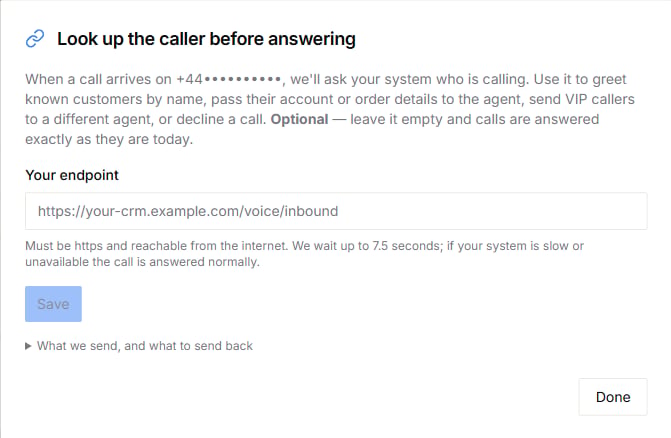 Caller lookup settings for an inbound phone number