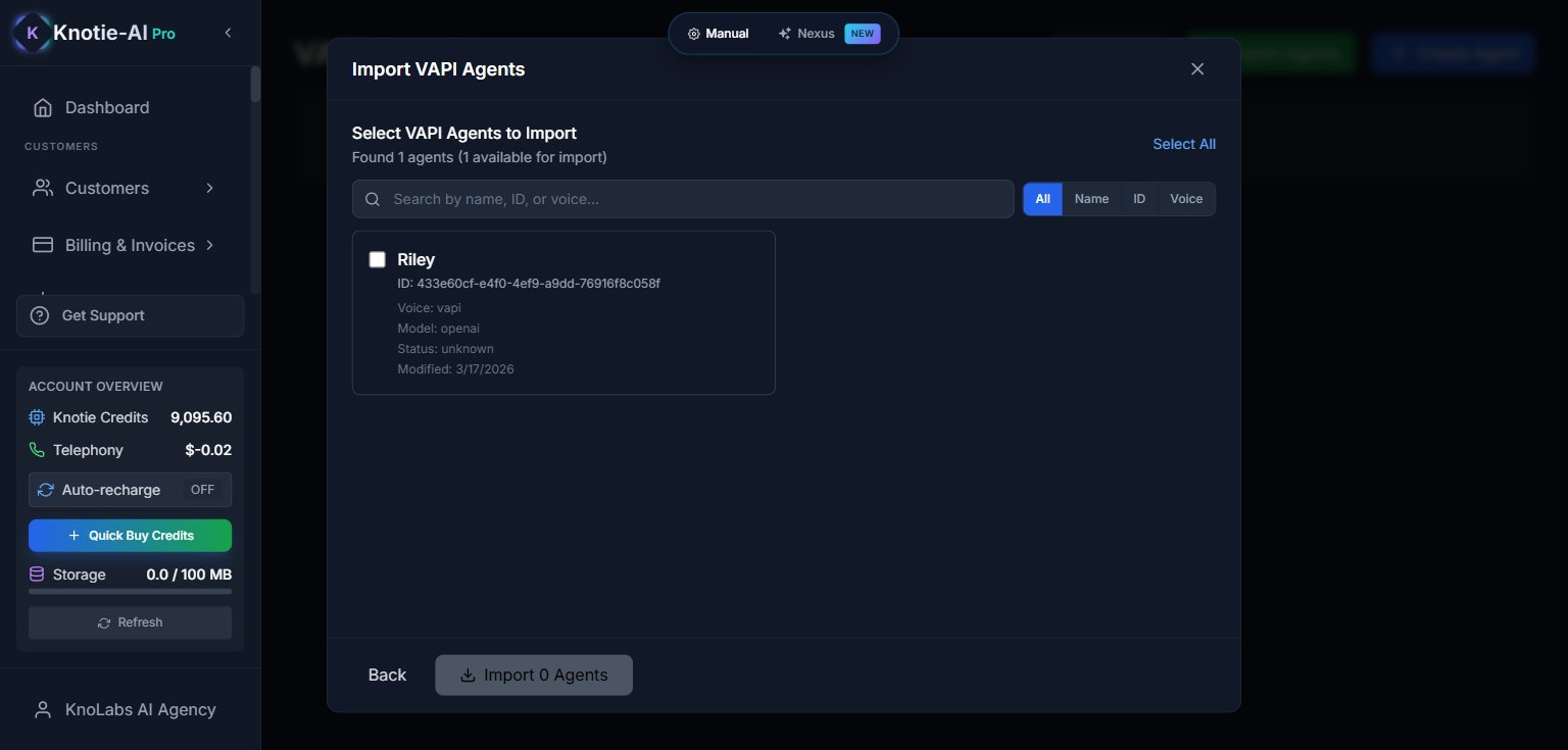 VAPI agent list with checkboxes, showing the imported Riley agent and other available agents