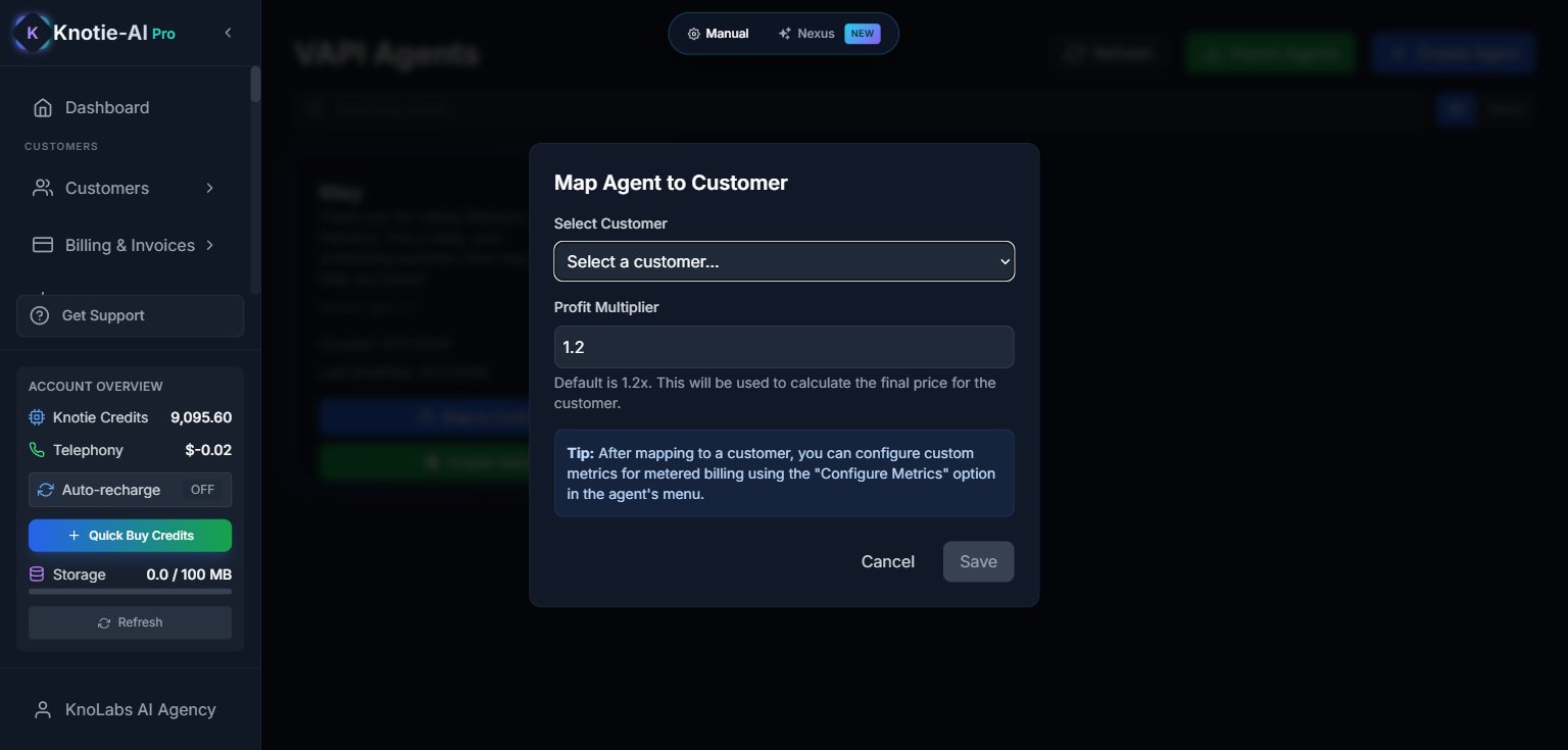 VAPI agent assign-customer modal showing the customer selector and the profit multiplier input