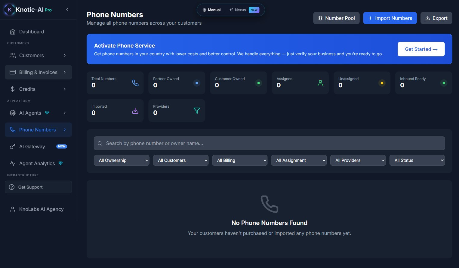Phone Numbers page showing the empty state when no numbers are available for assignment