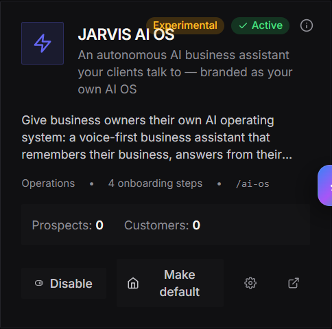 JARVIS AI OS card showing its Experimental status, onboarding count, public path, and enable controls