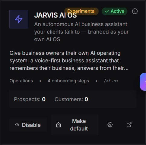JARVIS AI OS card showing its Experimental status, onboarding count, public path, and enable controls