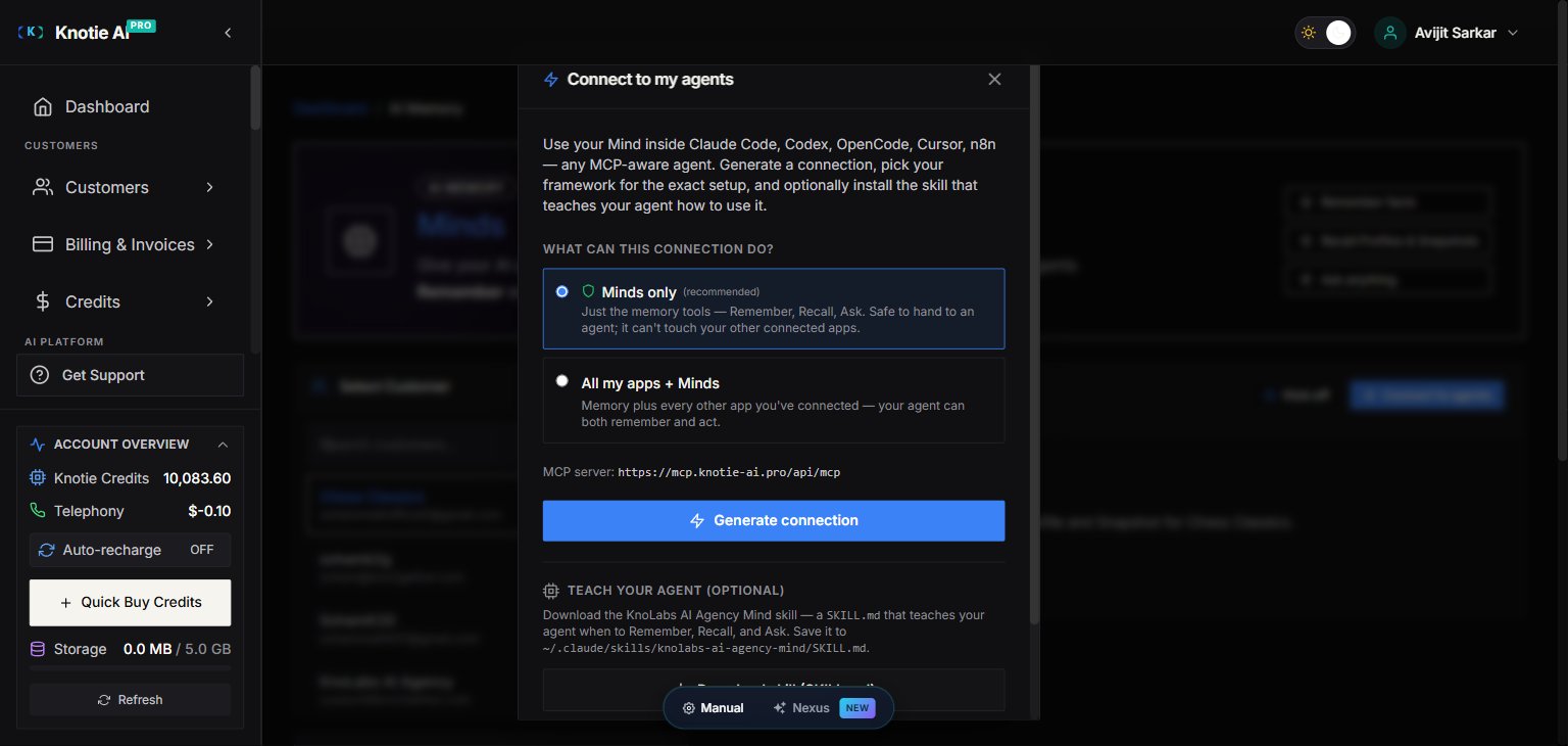 The 'Connect to my agents' modal — intro text about using the Mind inside Claude Code, Codex, OpenCode, Cursor, n8n; a 'WHAT CAN THIS CONNECTION DO?' choice between 'Minds only (recommended)' and 'All my apps + Minds'; the MCP server URL https://mcp.knotie-ai.pro/api/mcp; and a 'Generate connection' button.