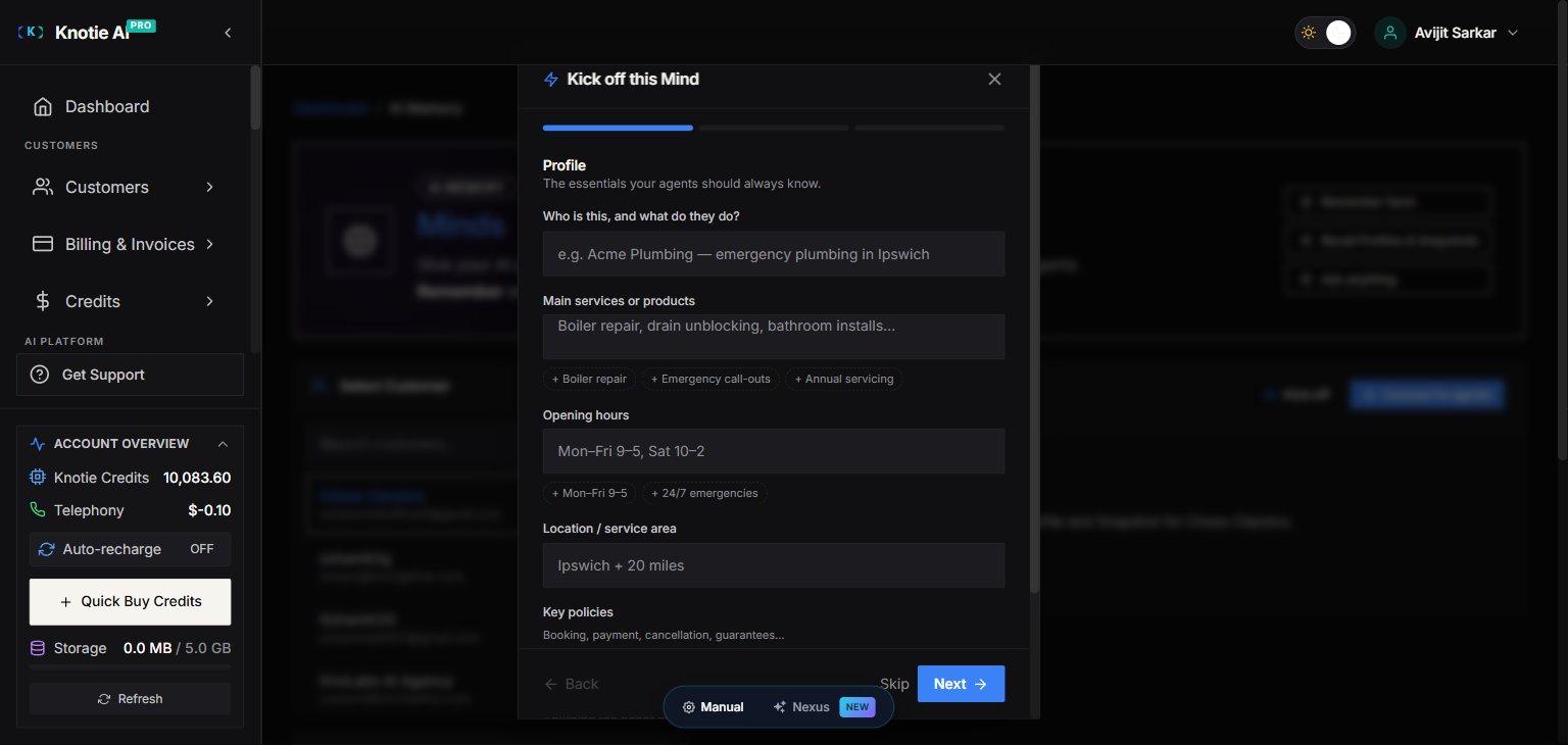 The 'Kick off this Mind' wizard modal showing a three-segment progress bar and the Profile step ('The essentials your agents should always know') with questions: Who is this and what do they do, Main services or products, Opening hours, Location / service area, Key policies — each with example chips below the input — and Back / Skip / Next buttons.