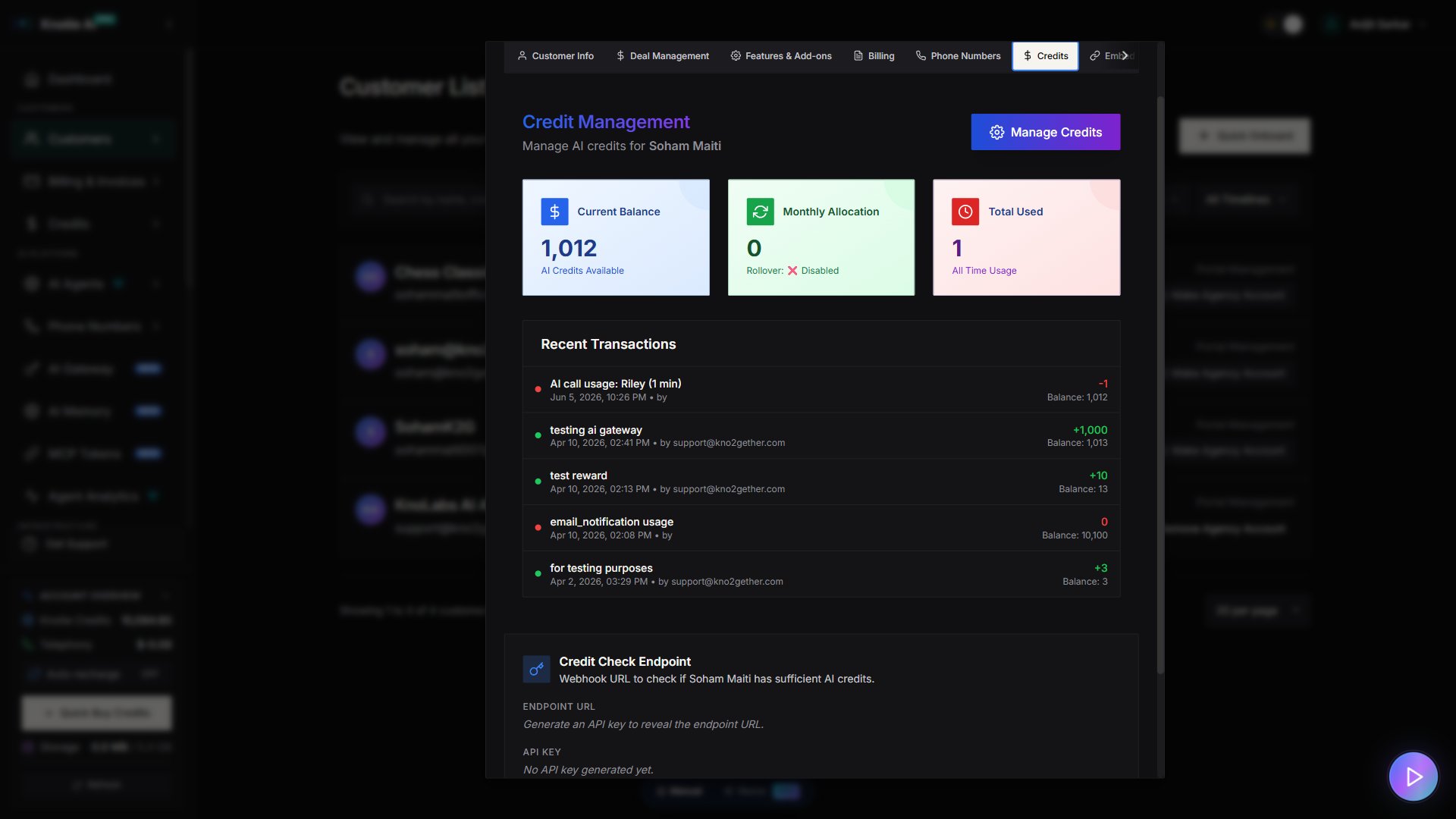 Customer modal Credits tab — Current Balance (1,012 credits), Monthly Allocation (0 / disabled), Total Used, and Recent Transactions list. The same credit balance UI applies to auto-install subscribers; their VPS Terminal appears in the Deployment tab.