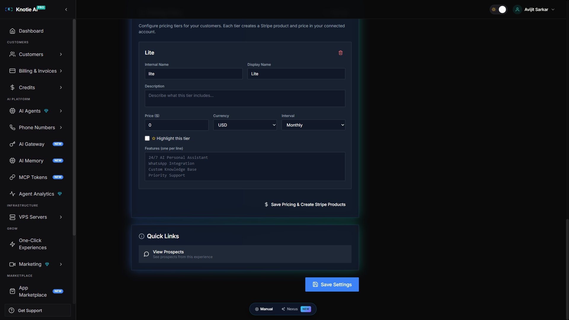 Pricing Tiers editor — a Lite tier card with Internal Name, Display Name, Description, Price, Currency, Interval, Highlight toggle, and Features list. Auto-install experiences add VPS Plan and AI Credits / month fields below Price.
