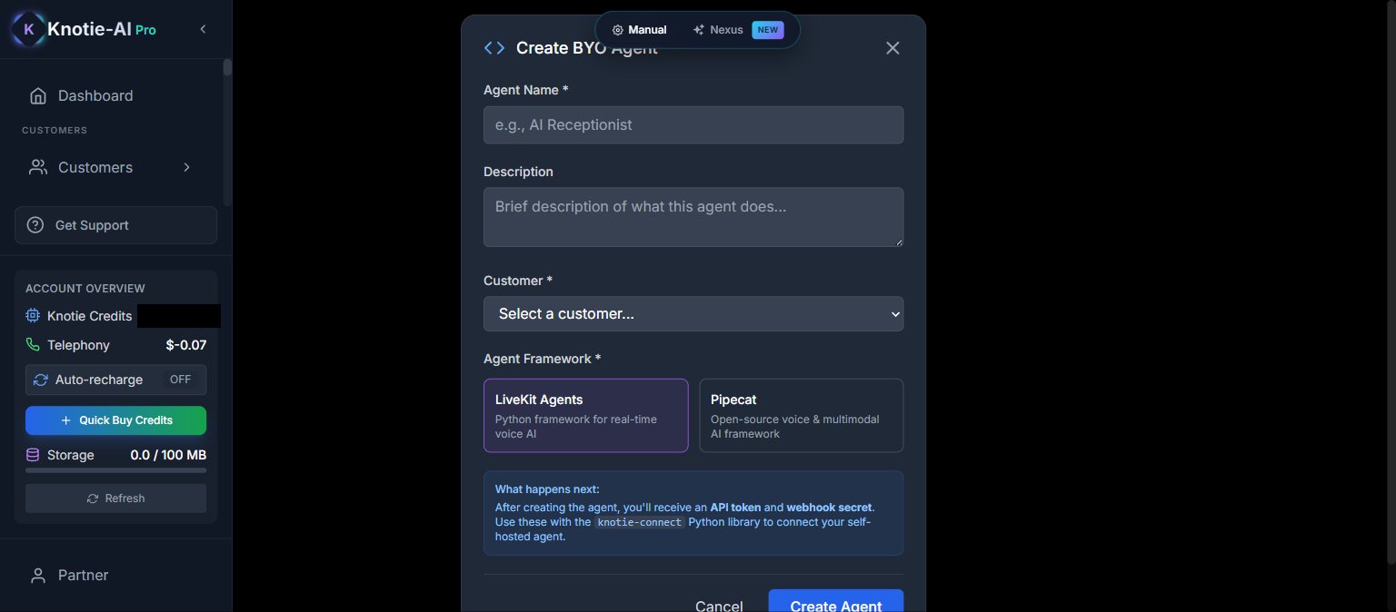 Create BYO Agent modal — fields for Agent Name, Description, Customer, and Agent Framework selector (LiveKit Agents / Pipecat). After creation you'll receive an API token and webhook secret for use with the knotie-connect Python library.