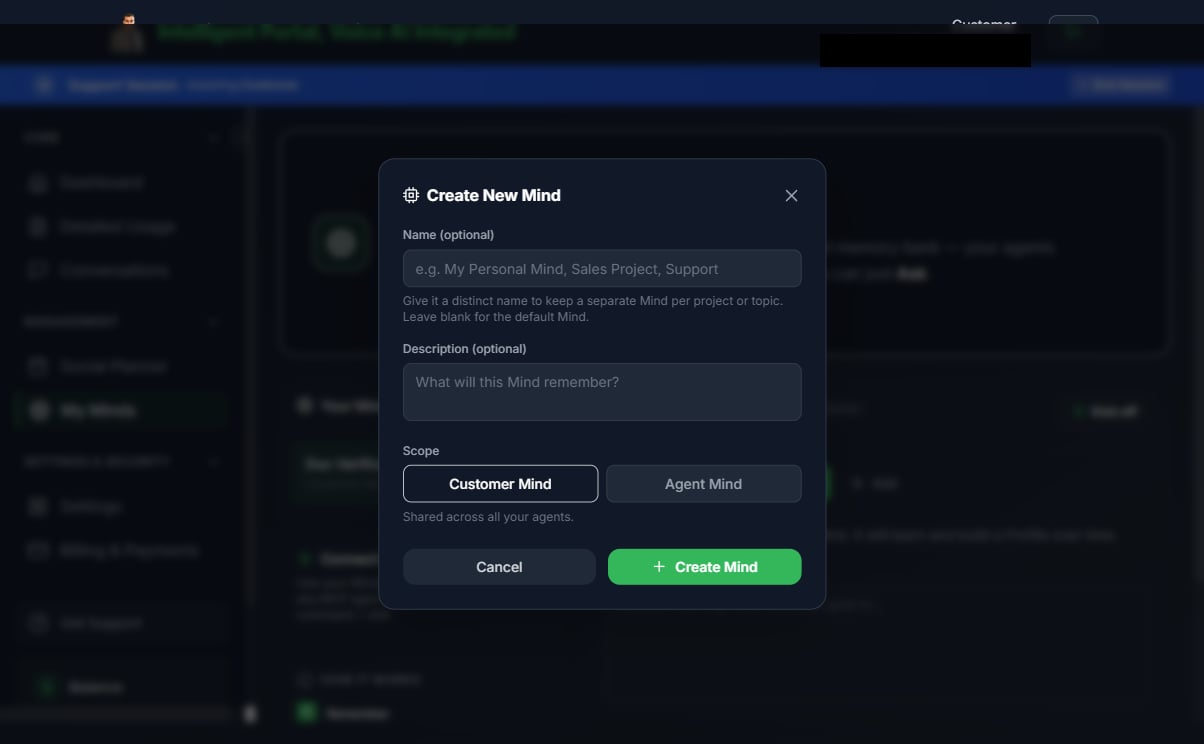 Create New Mind modal with the Name (optional), Description (optional), and Scope (Customer Mind / Agent Mind) fields