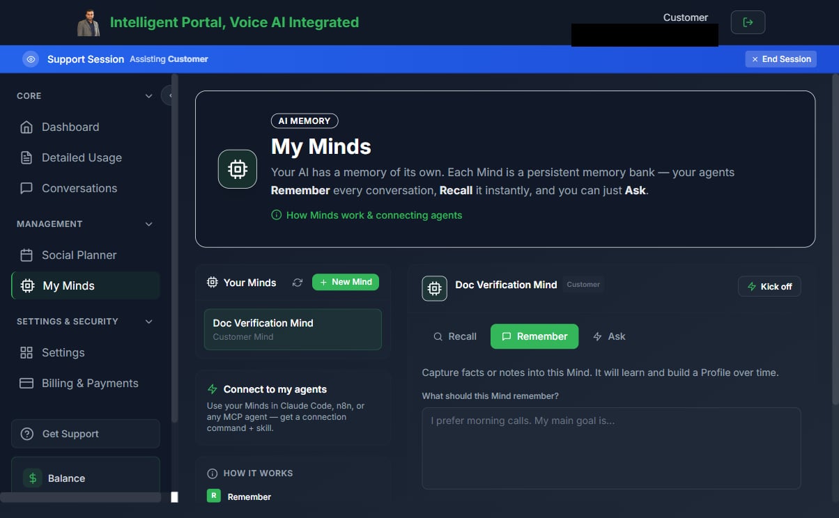 Customer portal "My Minds" page at /whitelabel/memory, showing the Your Minds list with a customer Mind and the Recall / Remember / Ask actions on the selected Mind