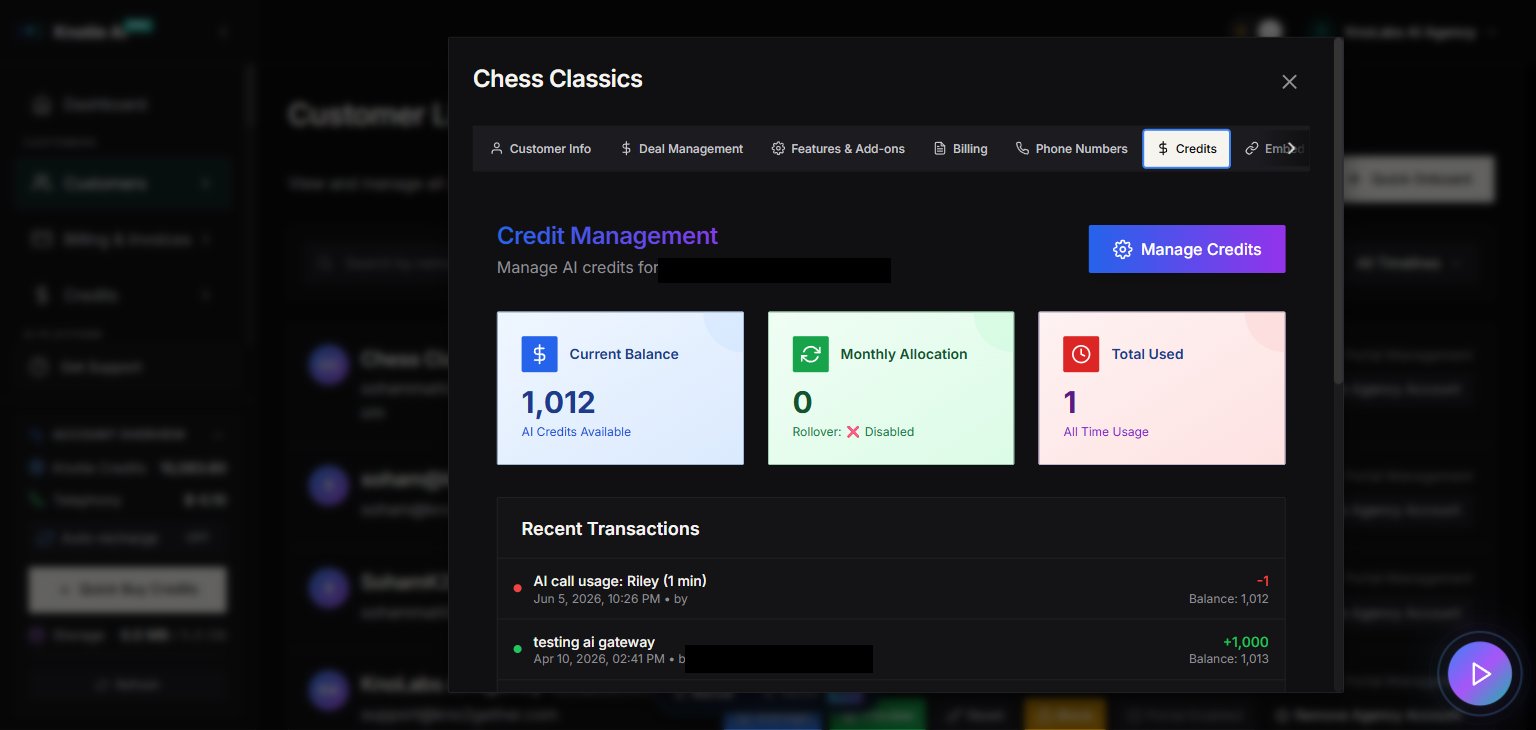 Customer Manage modal — Credits tab showing current credit balance, Add Credits button, and transaction history for the customer