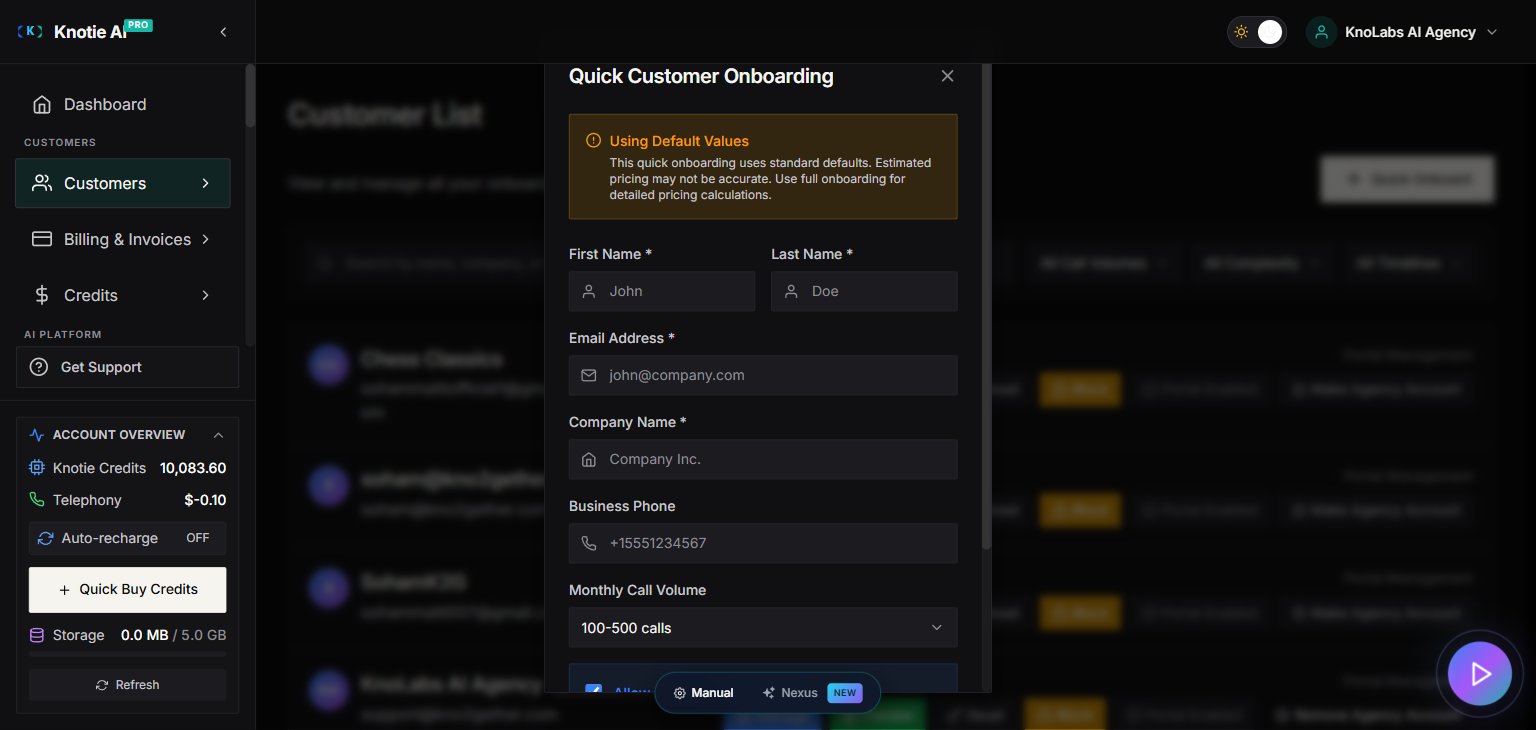 Quick Onboard modal — form fields for customer name, email, company, and portal access toggle, with a Save button