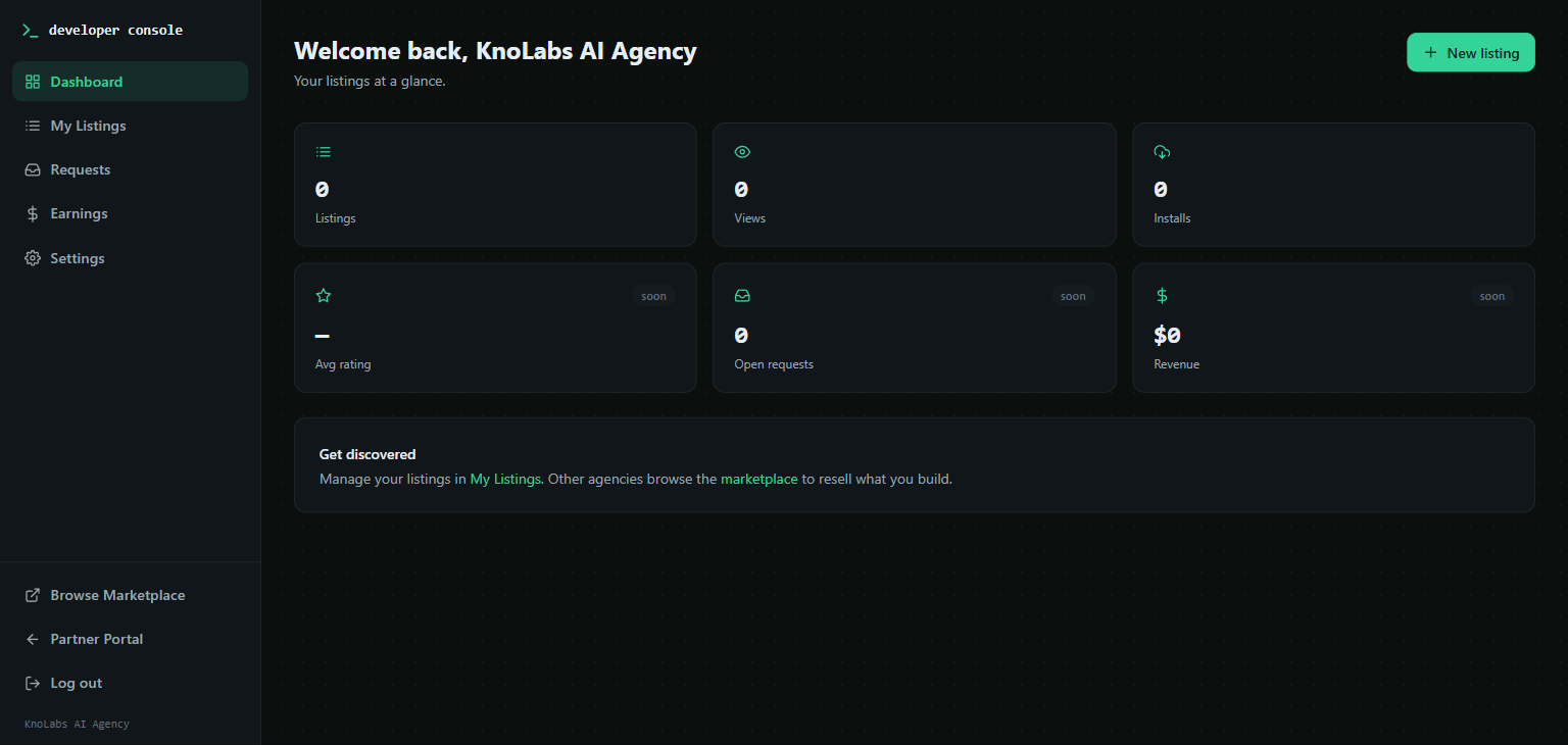 Developer Console dashboard — charcoal background with emerald accents, sidebar (Dashboard / My Listings / Requests / Earnings / Settings), and 6 stat cards (Listings / Views / Installs / Avg rating / Open requests / Revenue).