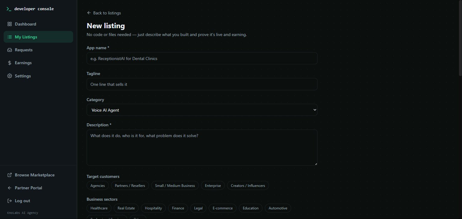Developer Console — New listing editor with App name, Tagline, Category (Voice AI Agent), Description, Target customers (multi-select chips), and Business sectors fields.