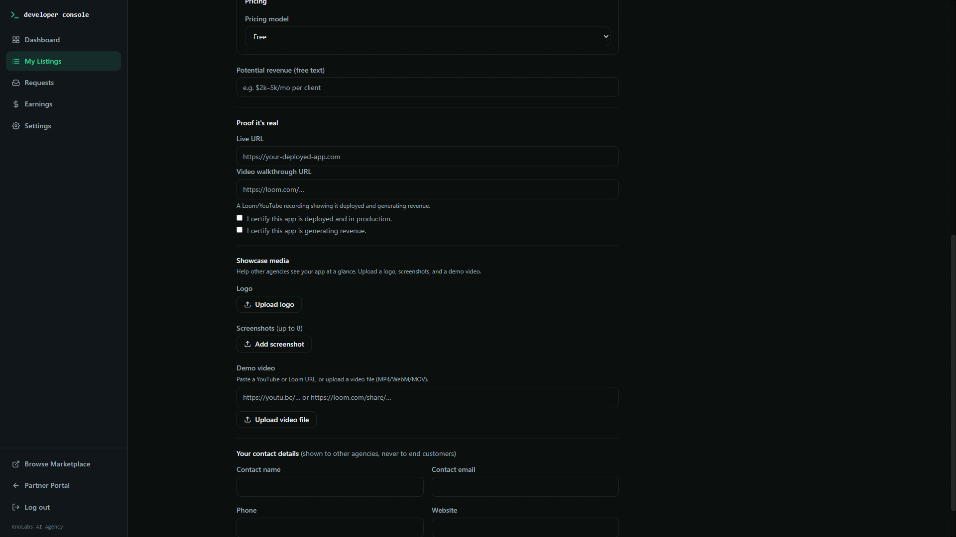 Developer Console listing editor — Showcase media section with Logo (Upload logo), Screenshots up to 8 (Add screenshot), and Demo video (YouTube/Loom URL field + Upload video file button for MP4/WebM/MOV).