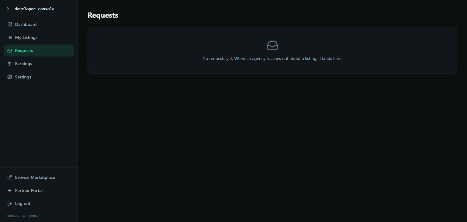 Developer Console — Requests inbox in empty state (No requests yet. When an agency reaches out about a listing, it lands here.).