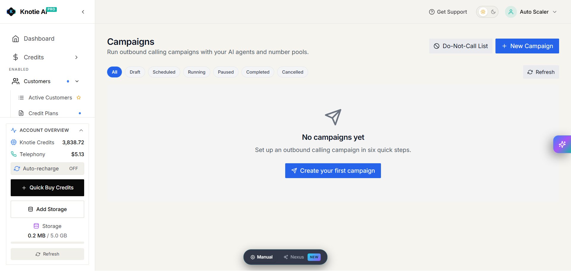 Campaigns overview with status filters, Do-Not-Call List, and New Campaign actions