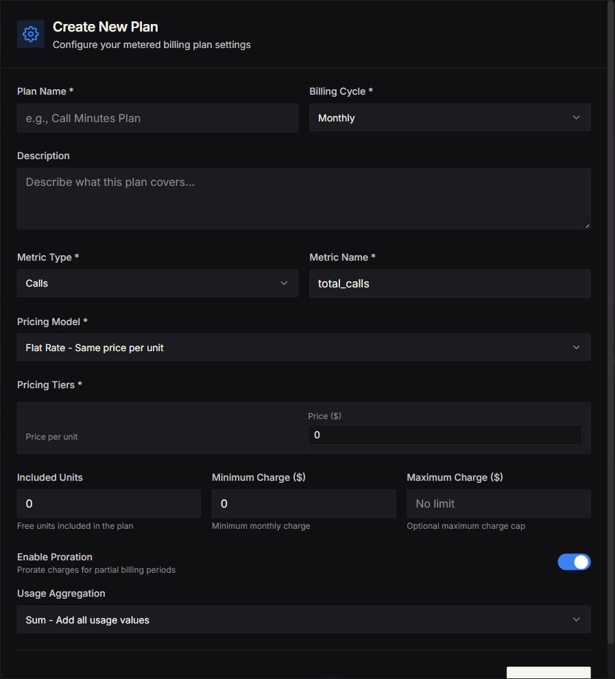 Create New Plan form with Plan Name, Billing Cycle, Description, Metric Type, Metric Name, Pricing Model, Pricing Tiers, Included Units, Minimum Charge, Maximum Charge, Enable Proration, and Usage Aggregation fields