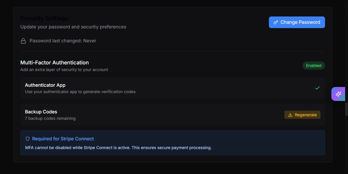 Security Settings section of Profile Settings — Multi-Factor Authentication marked Enabled, with Authenticator App and Backup Codes rows and a note that MFA is required while Stripe Connect is active.