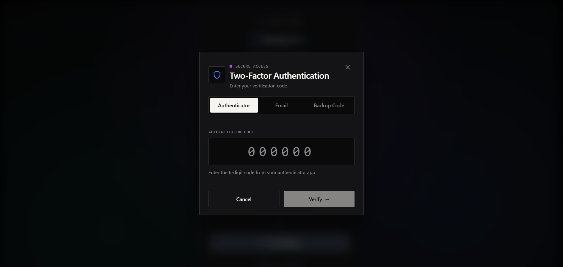 Two-Factor Authentication window on the Authenticator tab, with a six-digit code field and a Verify button.