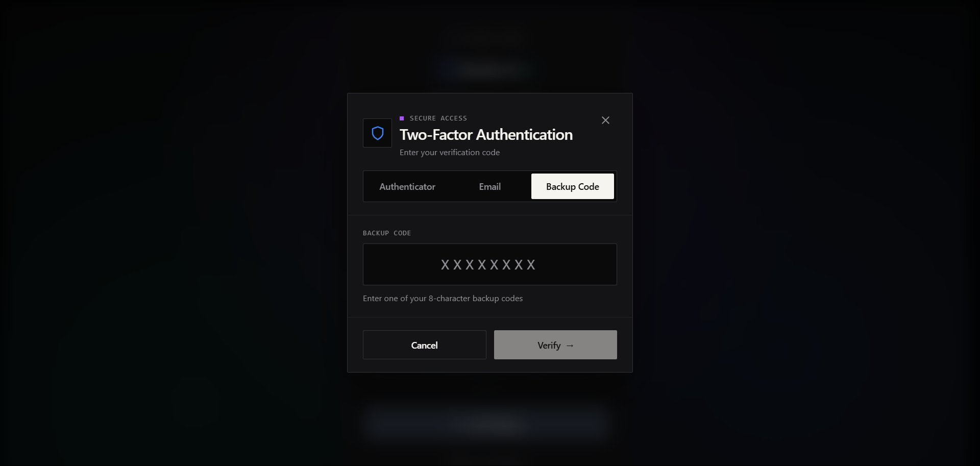 Two-Factor Authentication window on the Backup Code tab, with a field to enter one of your 8-character backup codes.
