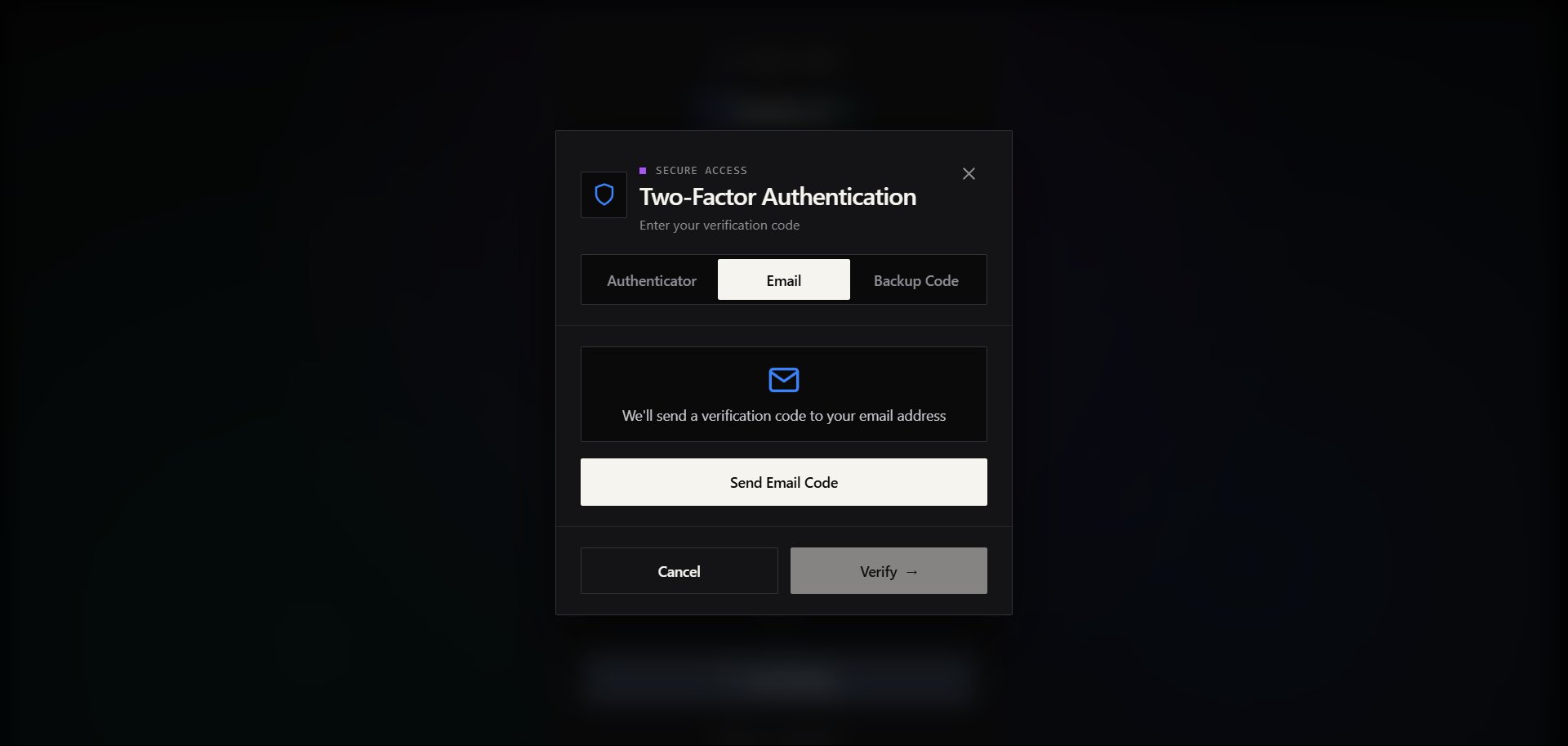 Two-Factor Authentication window on the Email tab, offering to send a verification code to your email address.